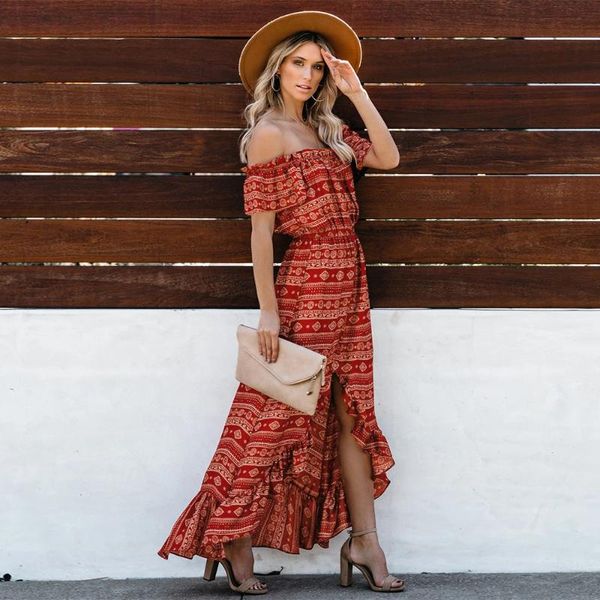 

women vintage style off shoulder floral boho dress maxi high waist ladies summer 2020 holiday ruffle backless asymmetrical dress, Black;gray