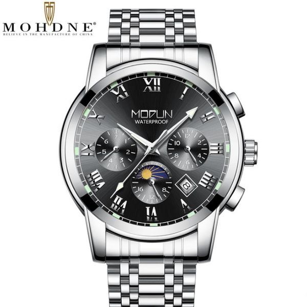 

watches mens 2019 stainless steel three eyes mechanical wristwatch waterproof multifunction mohdne reloj hombre marca de lujo, Slivery;brown