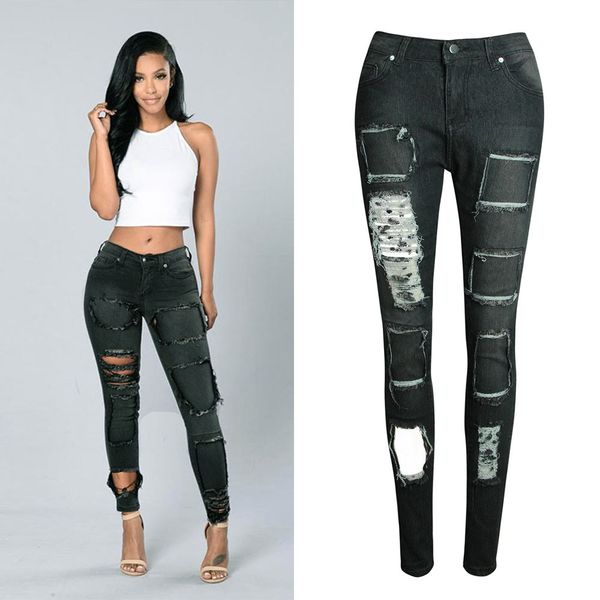 

stretchy slim leggings denim pants woman mom casual hole ripped mid waist black jeans trousers female washed pencil jeans pants, Blue