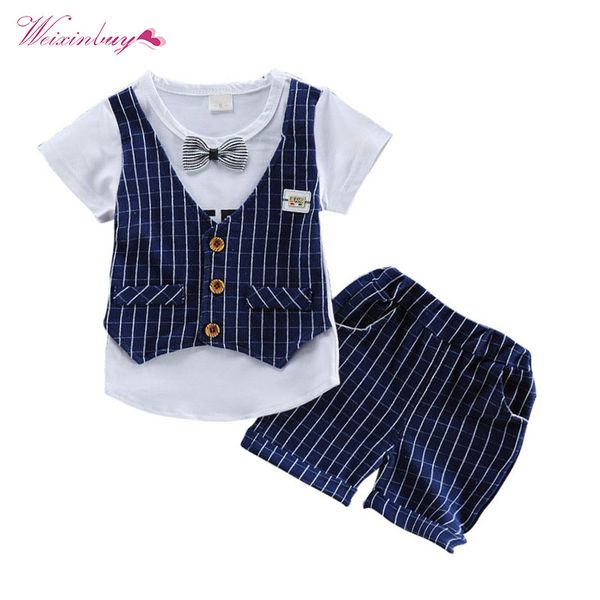 

new kids clothing set summer boys clothes sets children letter plaid t-shirt shorts pants kids handsome 2pcs suits, White