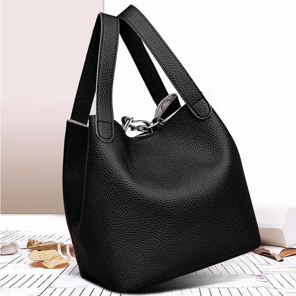 

women fashion casual leather solid small bucket synthetic leather handbag with two straps. buckle handbag