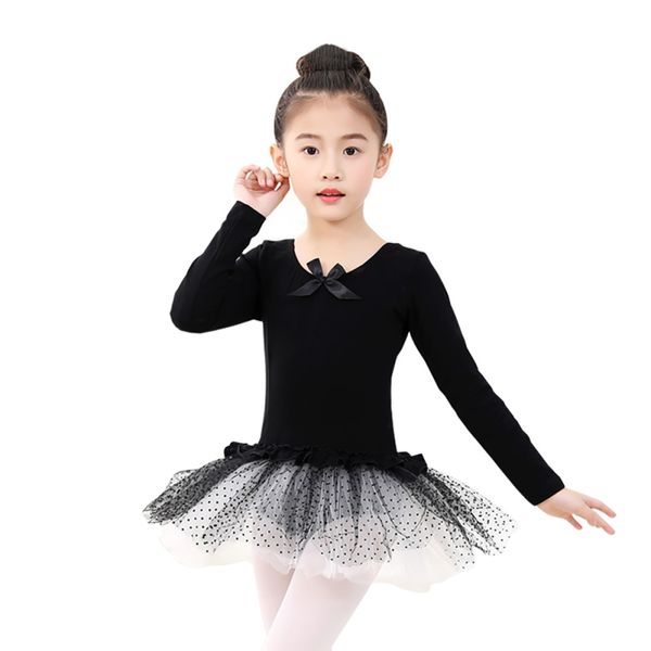 

girl's dance dress long sleeved gymnastics leotard ballet dancing dress kids bowknot dance wear with dots skirt, Black;red