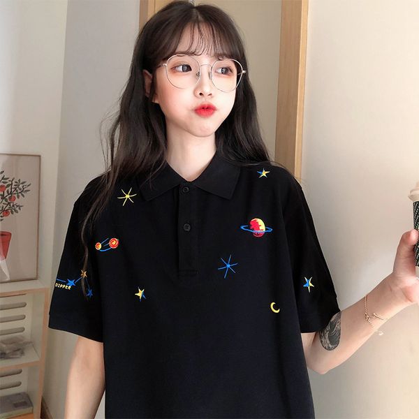 

planet embroidery shirt women korean loose harajuku black shirts female summer cotton short sleeve girl tunic woman tee, White
