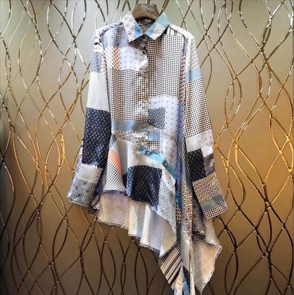 

england style irregular loose print shirt women's new long sleeve chiffon long turn-down collar button shirt, White