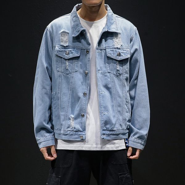 

men light blue denim jackets holes jean jackets streetwear casual denim coats men cotton outwear slim denim jackets size 5xl ly191206, Black;brown