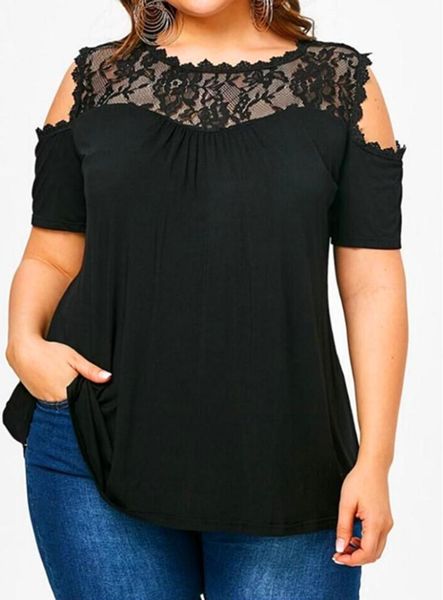 

5xl women summer lace t-shirts fashion off shoulder o neck short sleeve plus size t shirt large size women's shirts black, White