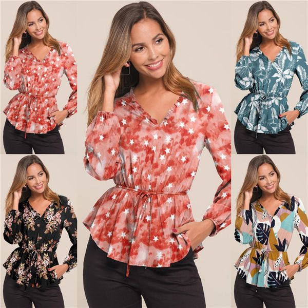 

для женщин spring designer print top v шеи ruffled с длинными рукавами талии печать блузка мода одежда, White