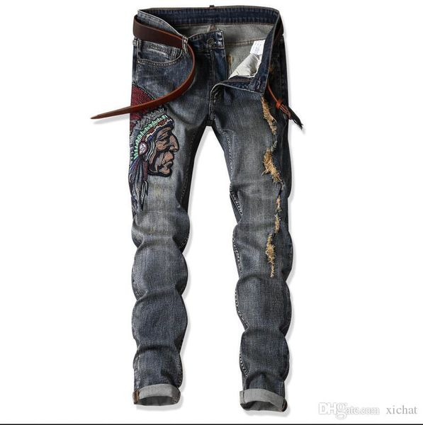 

2018 big size jeans new men's india man head embroidery jeans hole denim pants casual streight leg jeans size 28-38 cj1701, Blue