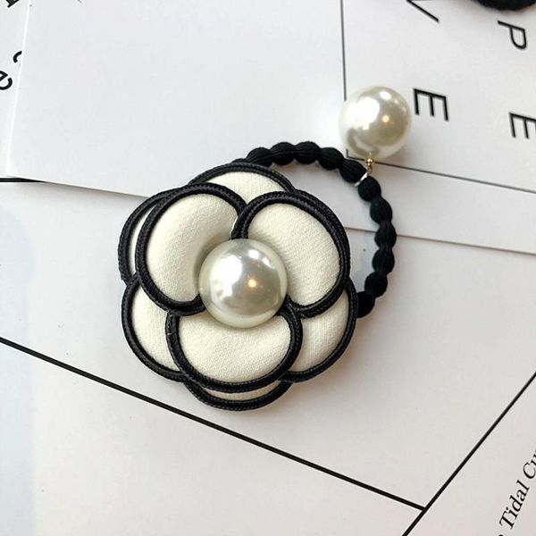 

south korea same classic black and white camellia flower fabric hair rope hair circle hair dressing pearl skin tendon female adult, Silver