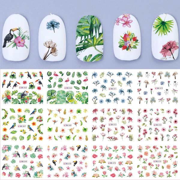 

12pcs/set nail sticker summer water transfers stickers charms stencils tips for nails art daisy rose flower polish trbn865-876, Black