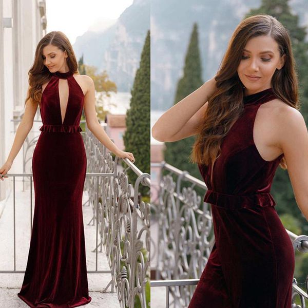 

burgundy velvet mermaid evening dresses with peplum halter keyhole plunging neckline prom dress formal party evening gowns, Black;red