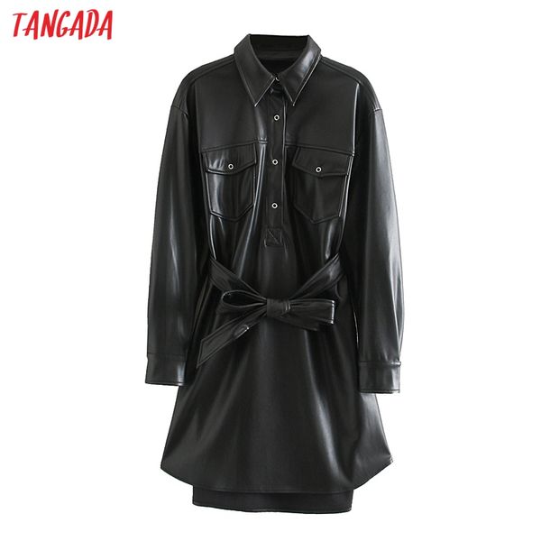 

tangada women pu faux leather shirt dress with belt long sleeve retro elegant ladies black mini dress vestido je110, Black;gray