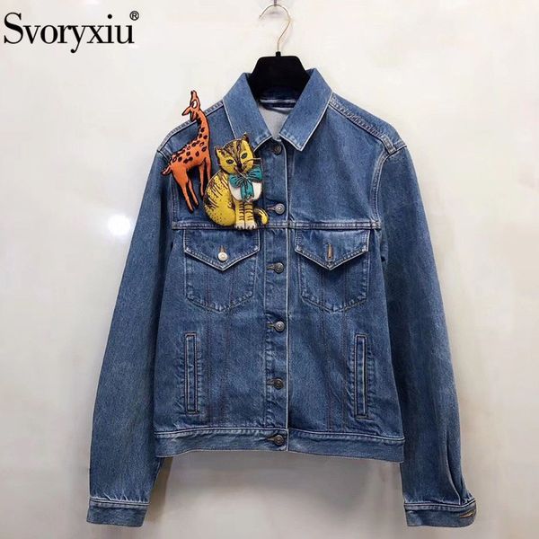 

svoryxiu дизайнер женская мода джинсовые рваные куртки пальто мультфильм бисероплетение аппликация повседневная осень зима синий пиджаки кур, Black;brown