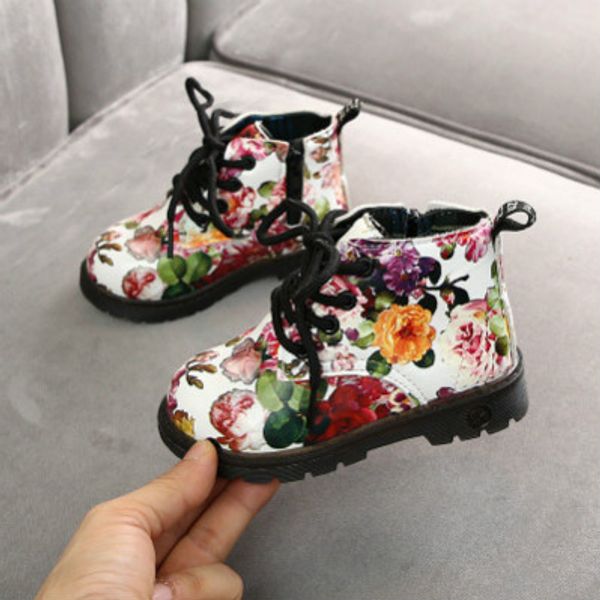 

girls designer boots brand child flower prined round toe martin boots casual luxury kids shoes with zipper explosion sell 2020, Black;grey