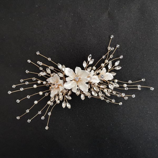 

slbridal handmade golden crystals rhinestones flower wedding hair clip barrettes bridal headpiece hair accessories women jewelry, Golden;white