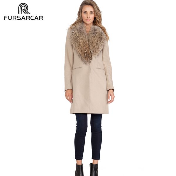 

fursarcar 2019 new solid women real fur coat luxury sheepskin coat with raccoon fur collar and cuff winter fashion wool, Black