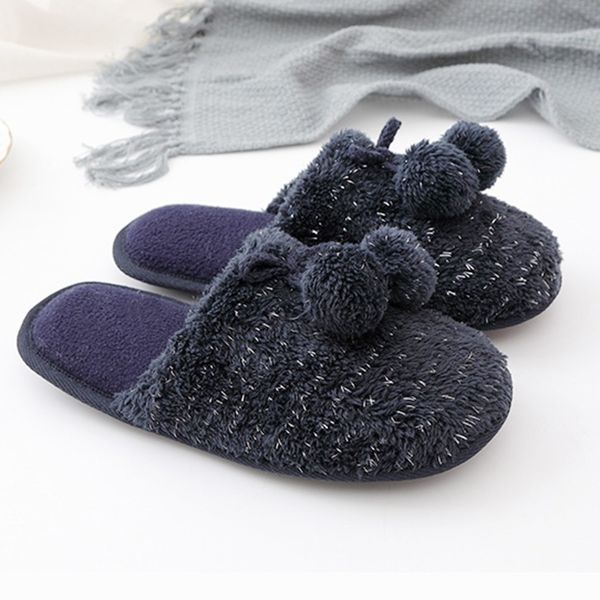 

women cute shoes winter warm navy soft slippers indoors floor bedroom shoes simple solid color casual female home slippers, Black