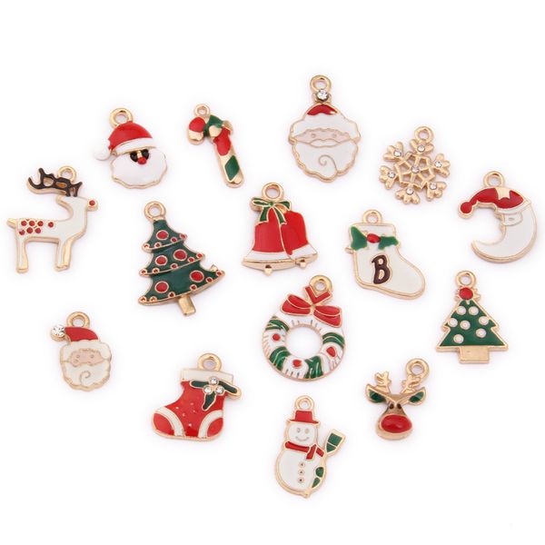 

10pcs christmas style enamel alloy jewelry charms gold tone oil drop snowman ring bell tree glove hat candy deer santa clause, Bronze;silver