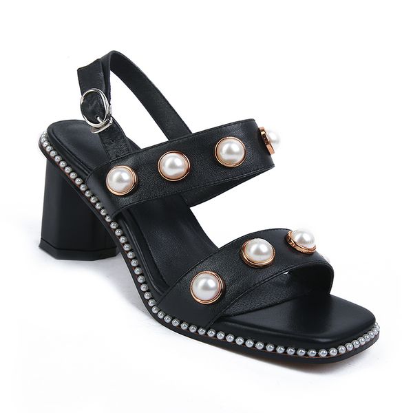 

wetkiss oem make your own brand pearl ladies high heel sandals summer block heels sandals black leather ladies shoes and sandals