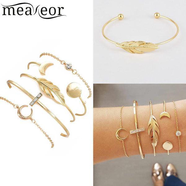 

5pcs women fashion moon leaf open casual, party lobster claw clasp cuff bangle chain bracelets set geometry, Black