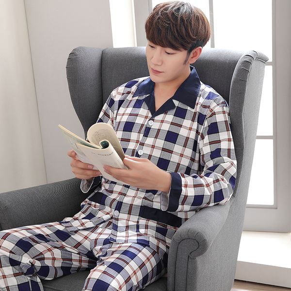 

2019 new pajamas for men knitted cotton pyjamas sets 2 pieces checked shirt + pants home suit nightwear plus size sleepwear 3xl, Black;brown