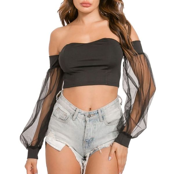 

женщины sexy тонкий tee лета плеча вскользь сплошной цвет сетки puff рукава элегантные футболки рассечение шеи черный короткие топы k, White