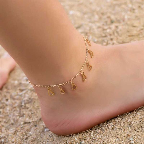 

gold color heart pendant anklet simple sweet metal love beach foot anklets bracelets on the leg summer barefoot female jewelry, Red;blue