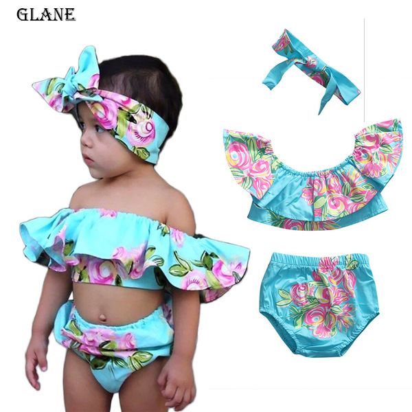 

summer baby girls swimwear mermaid bikinis clothes off shoulder floral ruffle romper shorts headband swimsuit 3pcs outfits set
