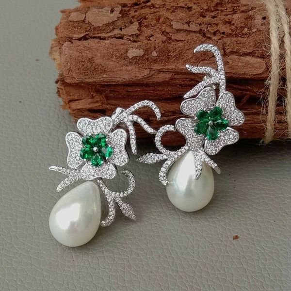 

teardrop green white sea shell pearl cz pave flower earrings, Silver