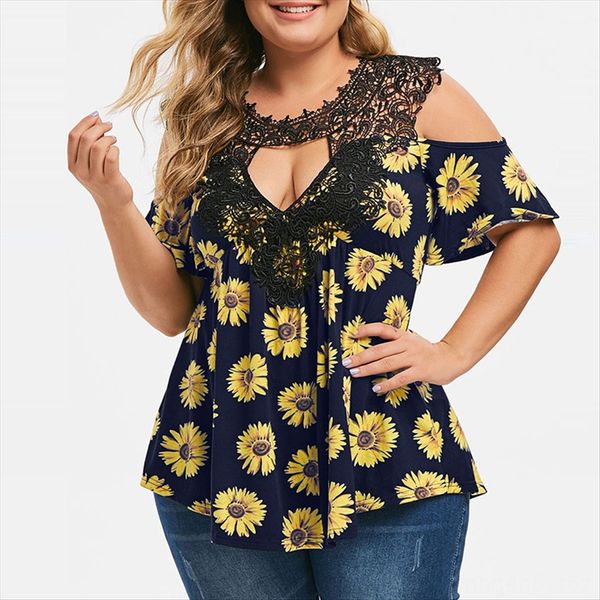 

large-size short-sleeved t- underpants shirt women's printed lace stitching printed women's v-neck loose base shirt new, White