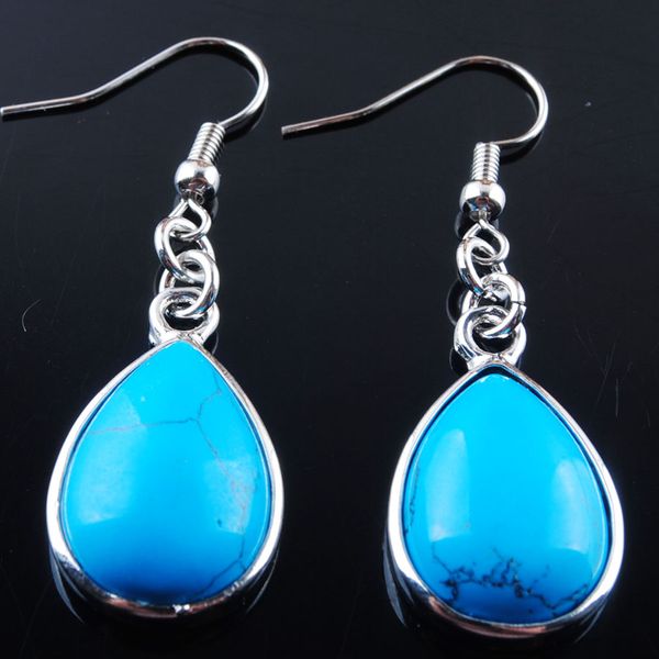 

wojiaer fashion natural blue turquoise stone hook dangle water drop earrings solid jewelry for women r3180, Silver