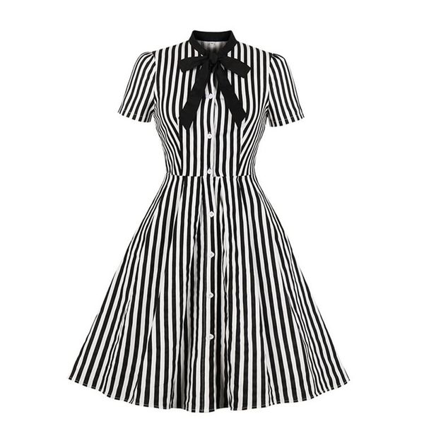 

rosetic vintage stripe midi платье лета женщин 50s лук воротник элегантный офис повседневный стильные goth женские ретро рокабильная платья, Black;gray