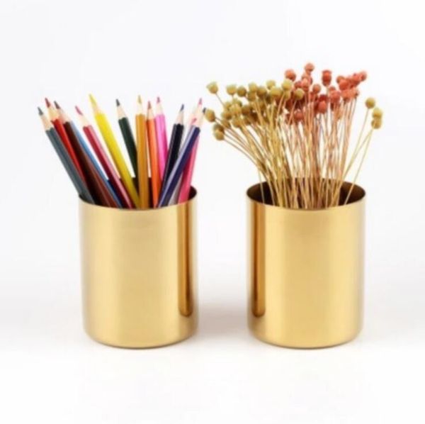

brass gold vase 400ml nordic style multi use pencil pot holder cup contain stainless steel cylinder pen holder for desk organizers lxl825-1