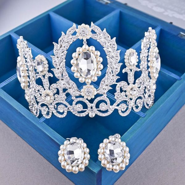 

new bride crown earring set queen luxury diamond european princess crown wedding headdress wedding jewelry luxurious, White