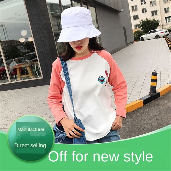 

круглый воротник с длинными рукавами т- женский 2019 свободный вышивка возрастное сокращение верхней осень контраст цвета мозаики t- вышитая, White