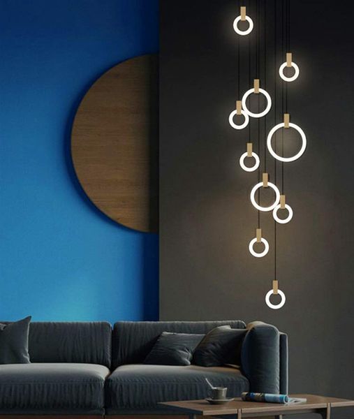 Modern Led Chandelier Teto Nordic Sala de estar Pingente Lâmpadas Quarto Acrílico Anéis de Acrílico Luminária Iluminação de Madeira Pendurado Luzes, 10