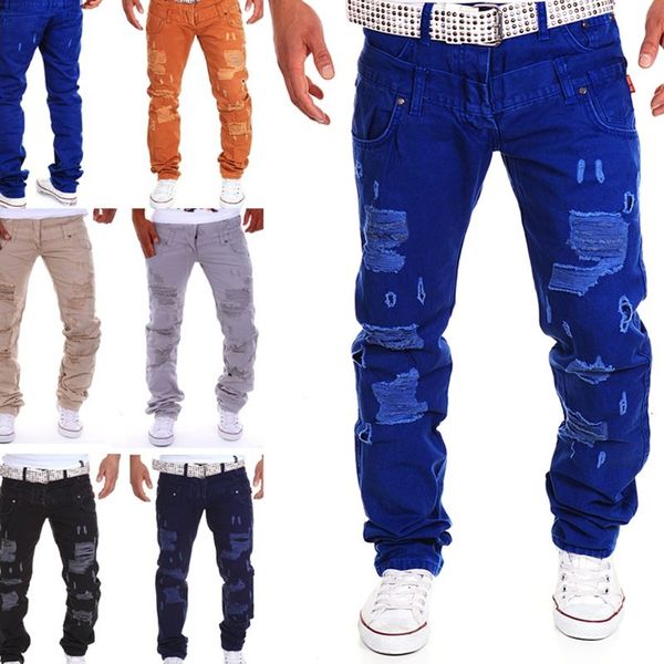

2019 spring autumn men's high-grade fashion style casual hole ripped jeans cotton hip-hop male pants comfortable pants, Blue