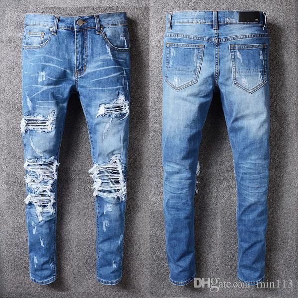 

summer new simple casual jeans #1313 distressed ripped jeans men fashion designer hip hop mens slim fit biker denim pants, Blue