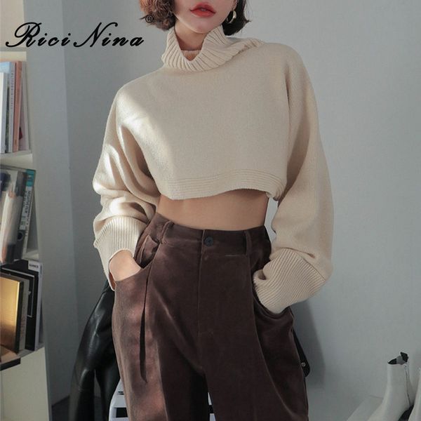 

ricinina turtleneck sweater women 2020 long sleeve solid short sweaters ladies spring causal sweaters for women knitted sweater, White;black