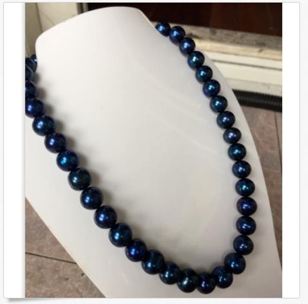 

stunning round tahitian 10-11mm black blue pearl necklace 18inch 14k, Silver