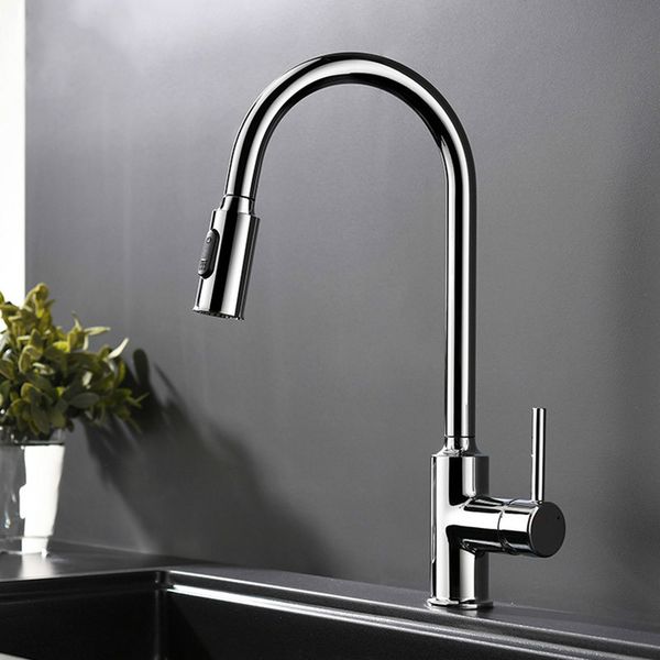 

Chrome Plated Brass Cold And Hot Kitchen Faucet Pull Out Kitchen Sink Water Mixer Tap with Two Spray Mode Single Handle
