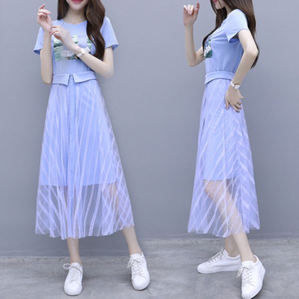 

2 piece set 2020 summer women's cotton long t-shirt +mesh see through skirt sets young girls fashion streetwear suits, White