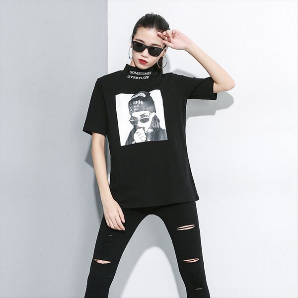 

wind 2019 autumn high collar printed t-shirt personalized short sleeve t-shirt pullover pullover base 3013, White
