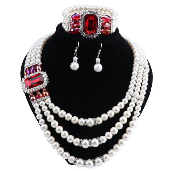 Heiße Imitation Perle Hochzeit Halskette Ohrring Armband Set Braut Schmuck Set Für Frauen Elegante Party Geschenk Mode Kostüm