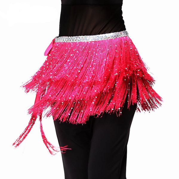 

belly dance costume fringe tassel hip scarf waist belt chain sequins wrap skirt, Black;red
