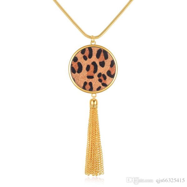 

amazon leopard print circle pendant tassels long necklace sweater chain, Silver