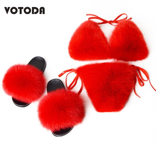 

women real fur slippers fur bikini bra sets casual fluffy plush slides ladies furry flip flops beach swimsuit underwear, Black