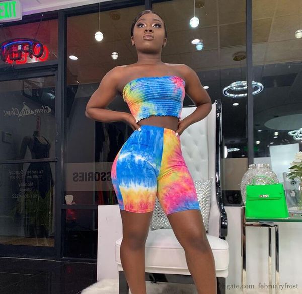 

february women shinny tie dyeing two piece set bodycon tube shorts wrap chest summer sleeveless sport jumpsuit sets outfits