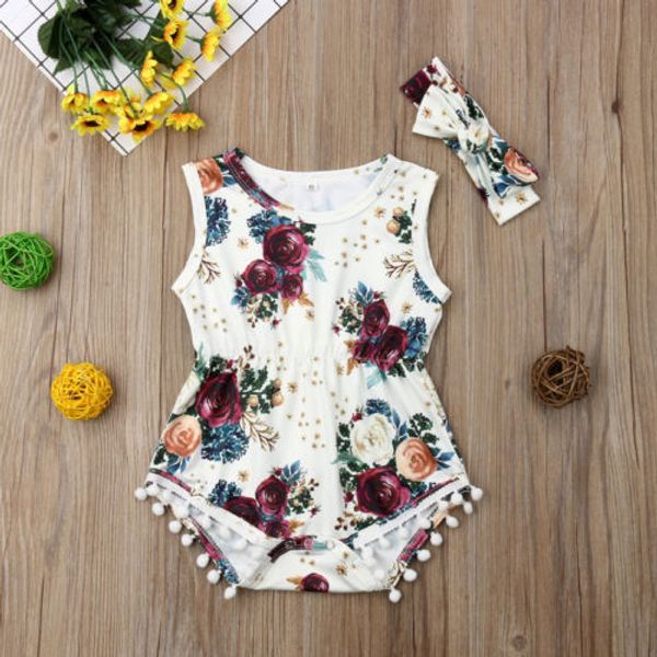 

newborn kids baby girls clothes tassel flower print round neck sleeveless bodysuit bow geometry headband 2pcs, Blue