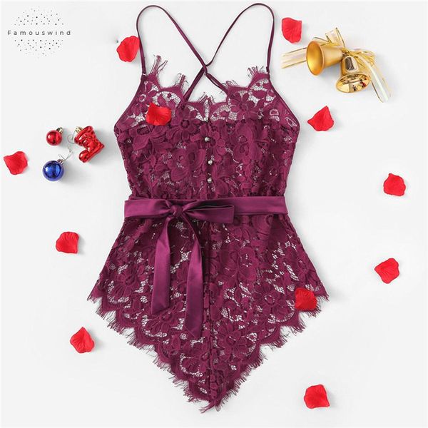 

criss cross eyelash floral lace teddy bodysuit belted teddies 2019 women lace sleep one piece summer pajamas, Black;red
